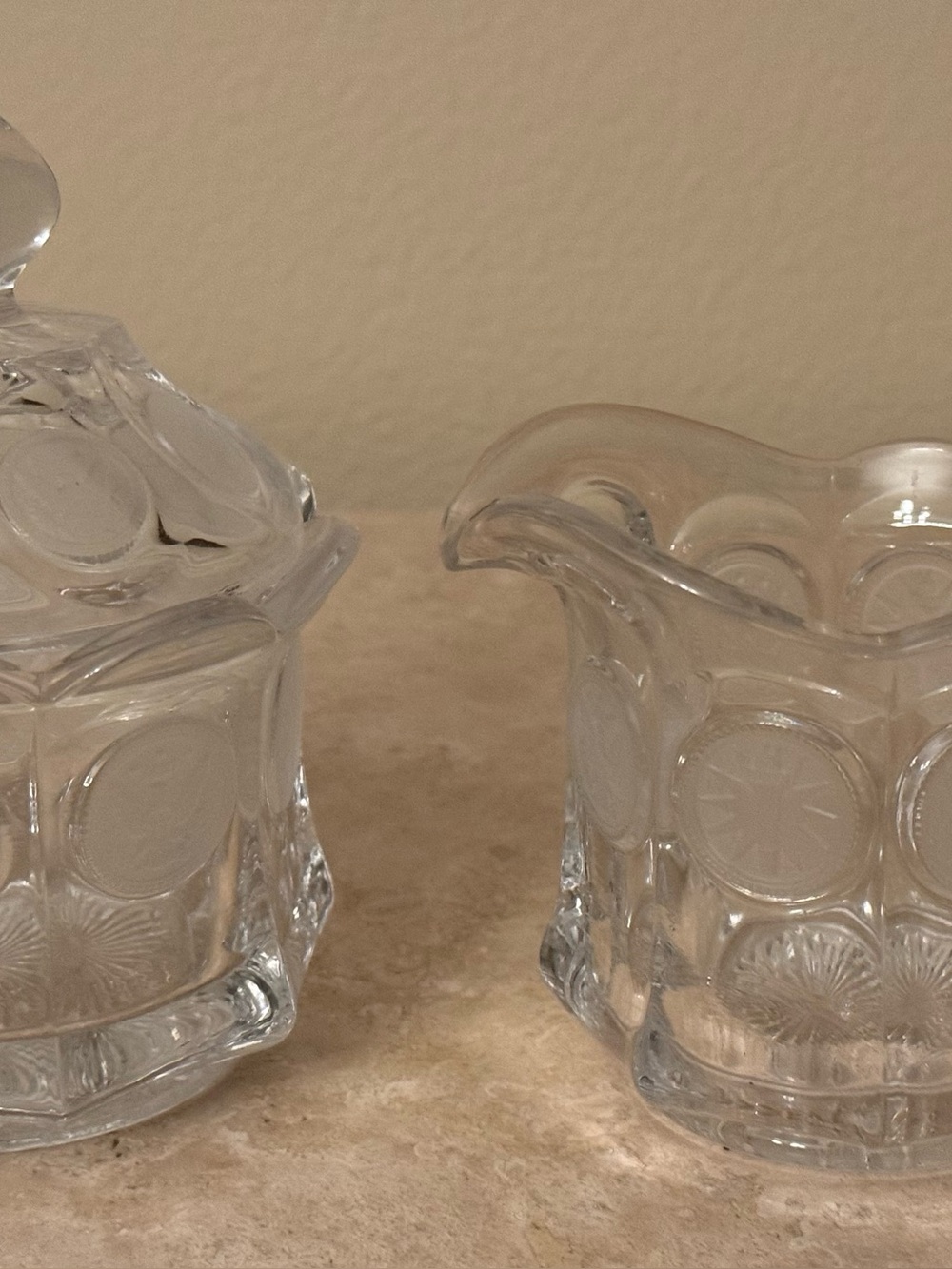 Vtg. Fostoria Clear Coin Glass Sugar Bowl Lidded and Creamer Set